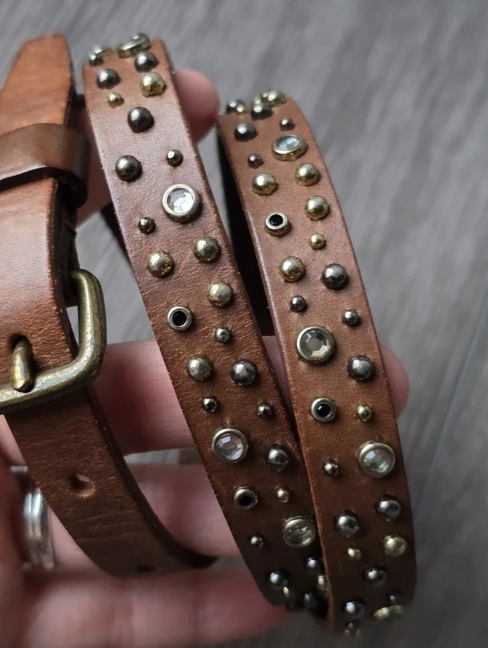 J.Crew Brown Leather Studded Rhinestone Skinny Belt Boho Western Jeweled M